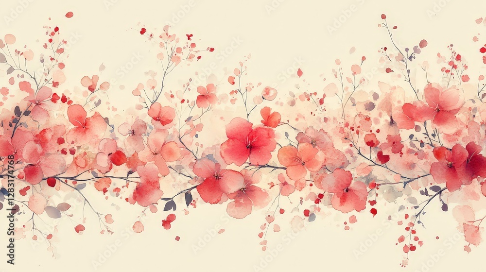 A delicate watercolor illustration of blooming flowers and branches in soft hues. A delicate watercolor illustration of blooming flowers and branches in soft hues.