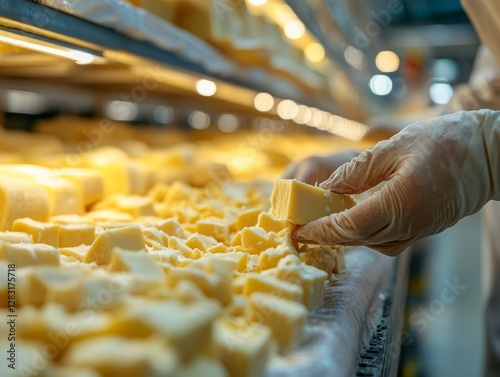 Artisanal Cheese Preparation: Glove-Clad Hand Inspecting Freshly Cut Cheese Cubes in a Controlled Dairy Environment for Quality Assurance and Production.