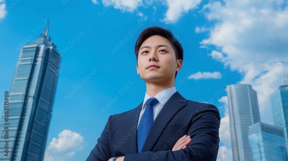 Confident Young Businessman in Dark Suit Against Cityscape Confident Young Businessman in Dark Suit Against Cityscape