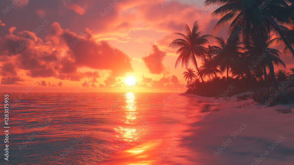 Stunning beach sunset with vibrant colors painting the sky and the ocean in a peaceful scene Stunning beach sunset with vibrant colors painting the sky and the ocean in a peaceful scene