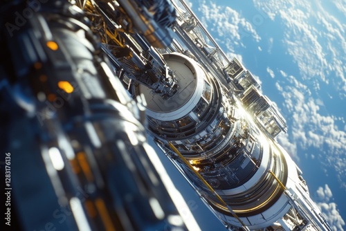 Fototapeta Naklejka Na Ścianę i Meble -  Orbital space station visible from ground, with modules and solar panels