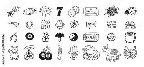 Good Luck doodle Symbols Set. Hand drawn lucky icons. Asian talismans and charms outline set.