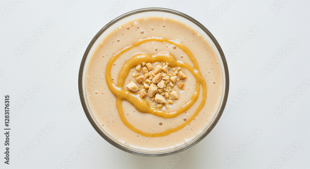 Overhead View of Peanut Butter Smoothie, Creamy and Delicious, Garnished with Peanut Butter and Nuts, Against a White Background Overhead View of Peanut Butter Smoothie, Creamy and Delicious, Garnished with Peanut Butter and Nuts, Against a White Background