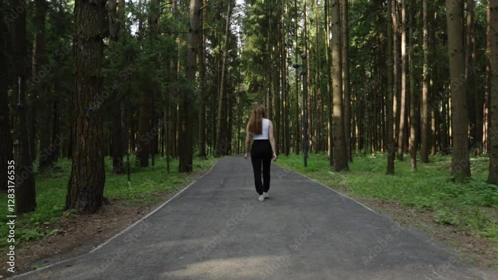 Young woman walking in the forest, tranquility of spring outdoors, green and peaceful environment,rear view from the back Young woman walking in the forest, tranquility of spring outdoors, green and peaceful environment,rear view from the back
