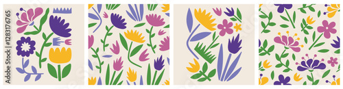 Doodle floral seamless pattern colorful set. Creative trendy flower collage or posters and floral pattern collection. Vintage cartoon hand drawn nature simple spring elements