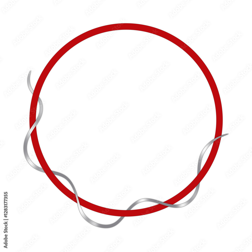 Red Circular Frame with a gracefully wrapped Silver Cord, Isolated on White. Can be used as a Text Frame or Border.