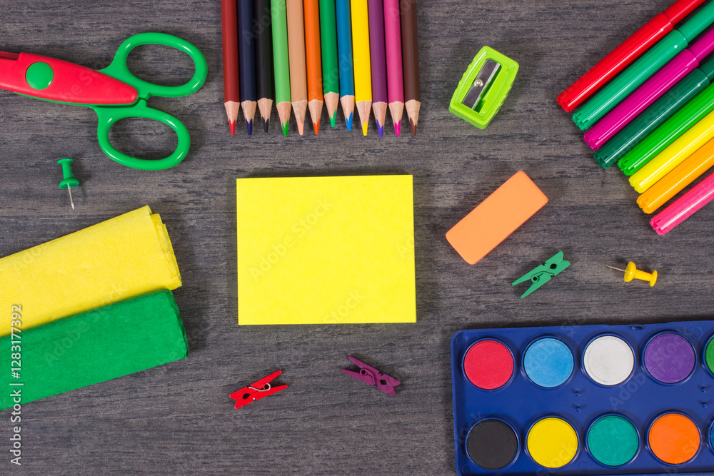 Naklejka premium Stationery accessories and school supplies for learning and developing creativity and kids motor skills