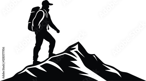 Mountain Climber Summit Silhouette black and white illustration on White Background.