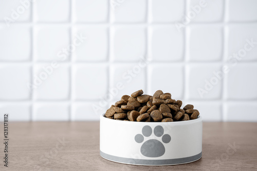 Dry dog food in bowl on wooden floor background. Plate full of mineral healthy dog or cat food closeup. Pet snack in white bowl.