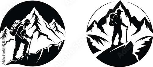 Mountain Climber Summit Silhouette black and white illustration on White Background.