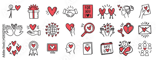 Valentine day love and hearts doodle hand drawn icon set. Outline drawing love line clipart symbol collection