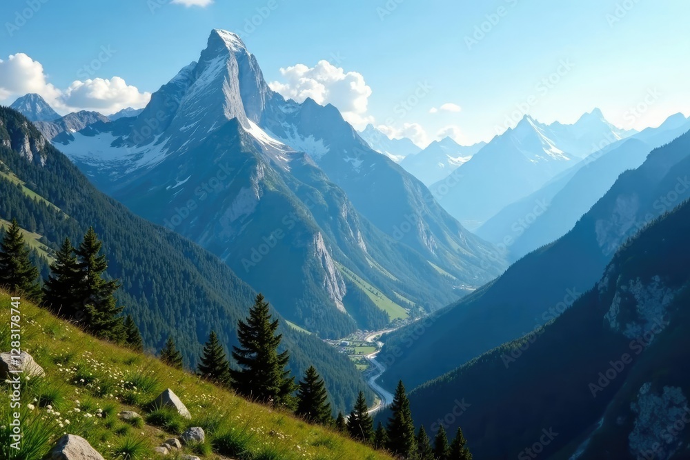 Obraz premium Majestic mountain peaks rise above the valley, valleys, nature, serene