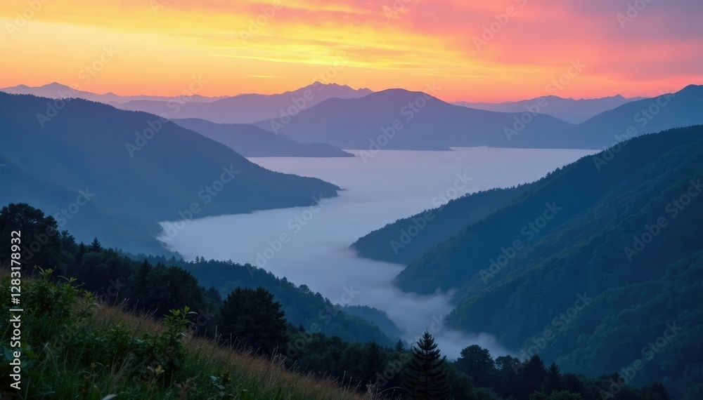 Fototapeta premium Majestic mountains rise above a valley covered in mist at sunrise, landscape, fog, clouds