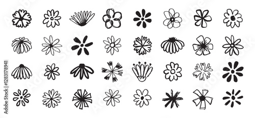 Flowers grunge brush doodle blossom icons set. Flowers Scribble ink hand drawn brush. Chamomile flowers markers crayons icons 