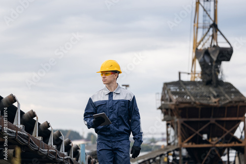 Картината върху платно Young caucasian male engineer in sand quarry conducting survey in ore mining ope