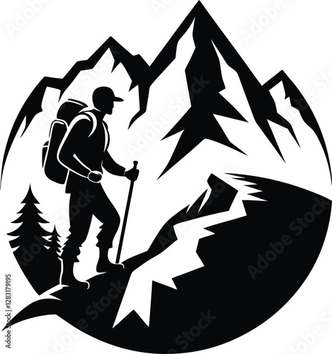 Mountain Climber Summit Silhouette black and white illustration on White Background.