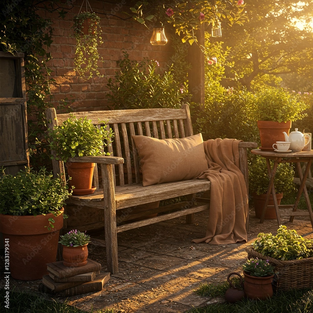 Obraz premium rustic outdoor bench surrounded by potted plants and textured fabrics.