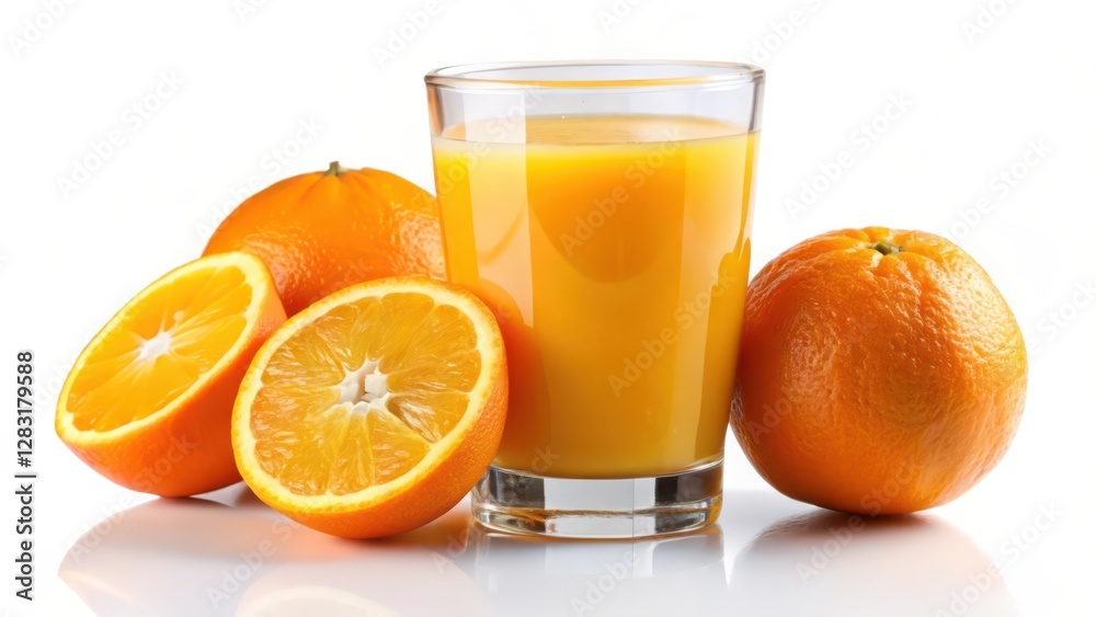 Orange Juice and Oranges on White Background Orange Juice and Oranges on White Background
