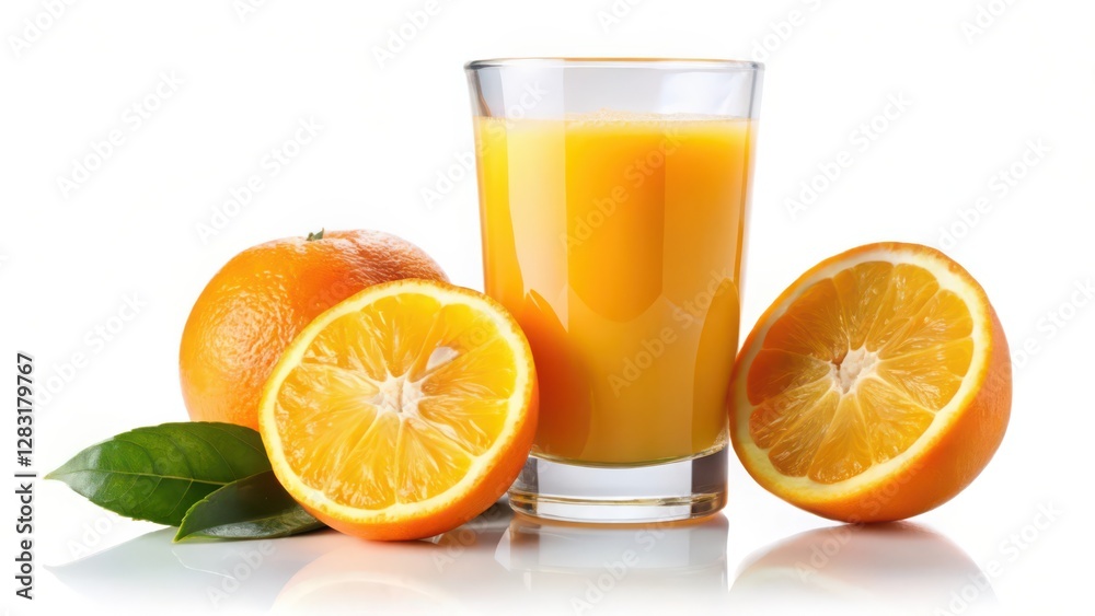 Orange Juice with Oranges and Leaves on White Background Orange Juice with Oranges and Leaves on White Background