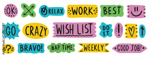 Colorful stickers work words and phrases doodle funny set. Doodle style vector clipart