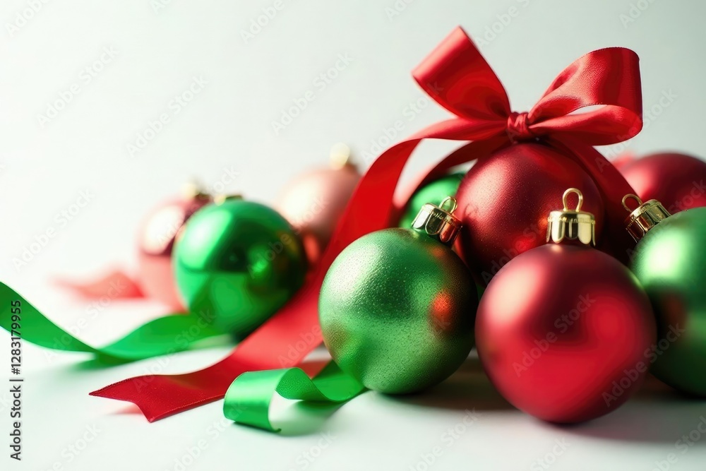 Ribbons in red and green draped over glass Christmas balls, festive colors, holiday ribbon
