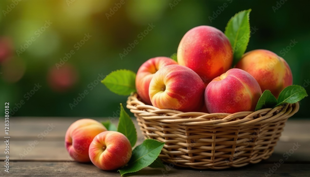 A bouquet of fresh peaches in a wicker basket, wicker, still life, earthy A bouquet of fresh peaches in a wicker basket, wicker, still life, earthy