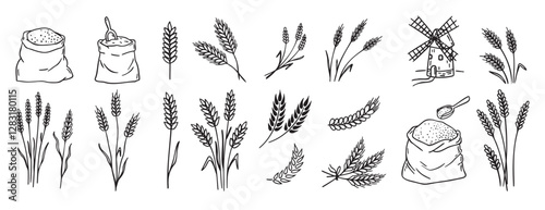 wheat and cereal plants, rye barley and ears of wheat in bag doodle hand drawn icon set. Outline drawing ears of wheat line clipart symbol collection