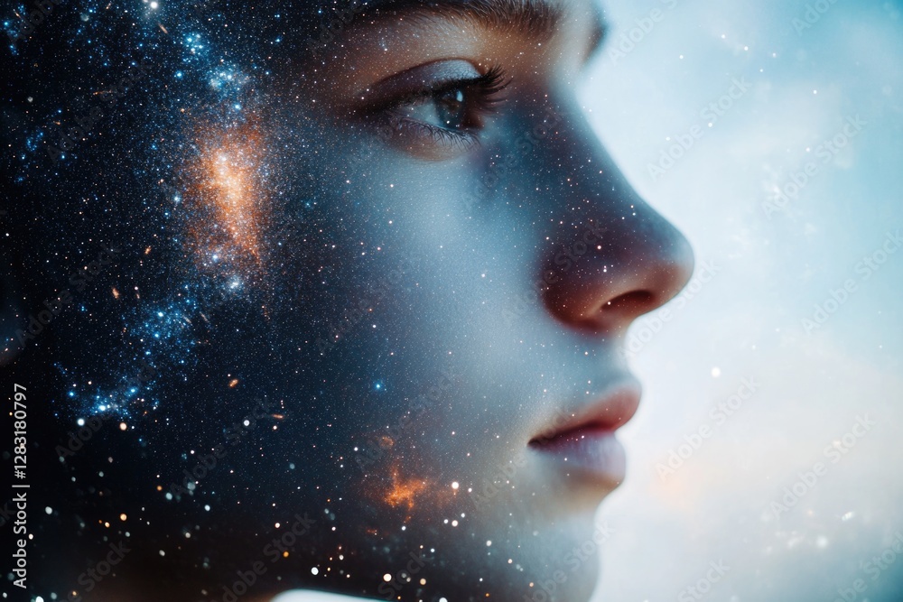 Close-up portrait of a person against a starry sky, great for representing contemplation or inspiration Close-up portrait of a person against a starry sky, great for representing contemplation or inspiration