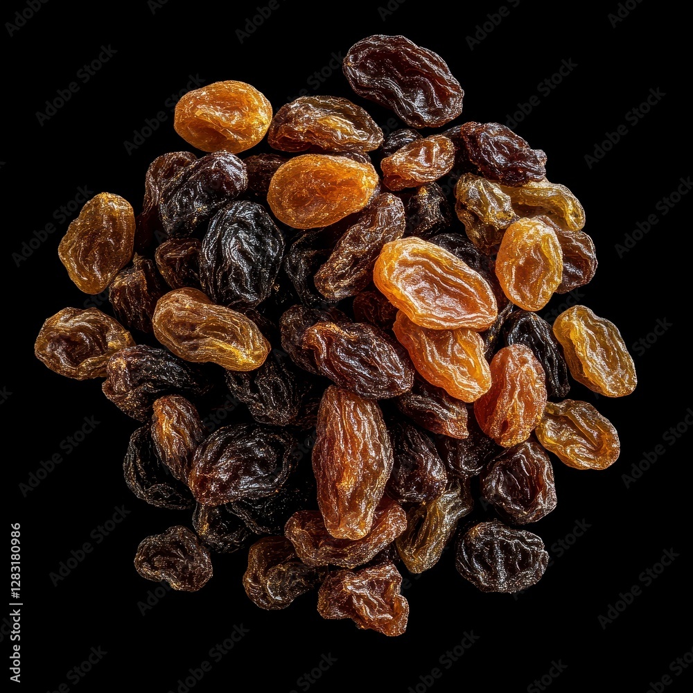Golden and Dark Brown Raisins Close Up on Black Background Golden and Dark Brown Raisins Close Up on Black Background