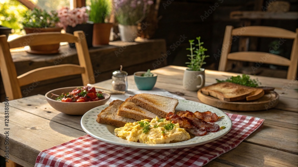 Delicious Breakfast Spread with Scrambled Eggs, Crispy Bacon, Toast, and Fresh Vegetables on Table Delicious Breakfast Spread with Scrambled Eggs, Crispy Bacon, Toast, and Fresh Vegetables on Table