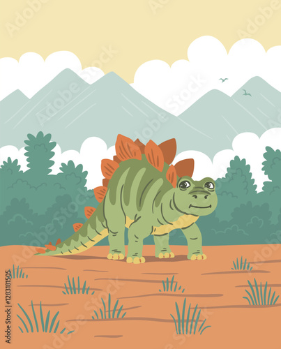 Cute herbivorous stegosaurus against the backdrop of a prehistoric landscape. Dinosaur of the Jurassic period. Good character. Cartoon vector illustration for children