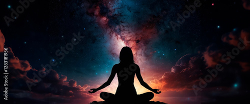 Silhouette human lotus position, meditation space galaxy cloud nebula, cosmos background wallpaper