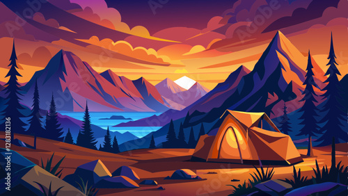 Glowing orange tent in the mountains under dramatic evening sky