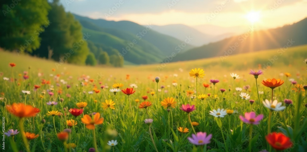 Fototapeta premium Soft morning light highlights the colors of a meadow with wildflowers, landscape, morning