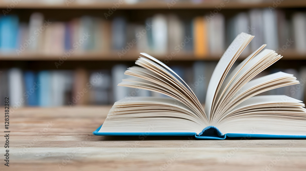 Naklejka premium Open book on wooden desk, library background, knowledge, education