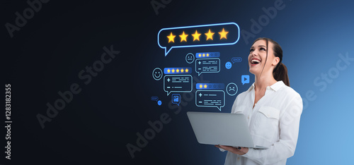Woman using laptop with digital customer review icons and five-s