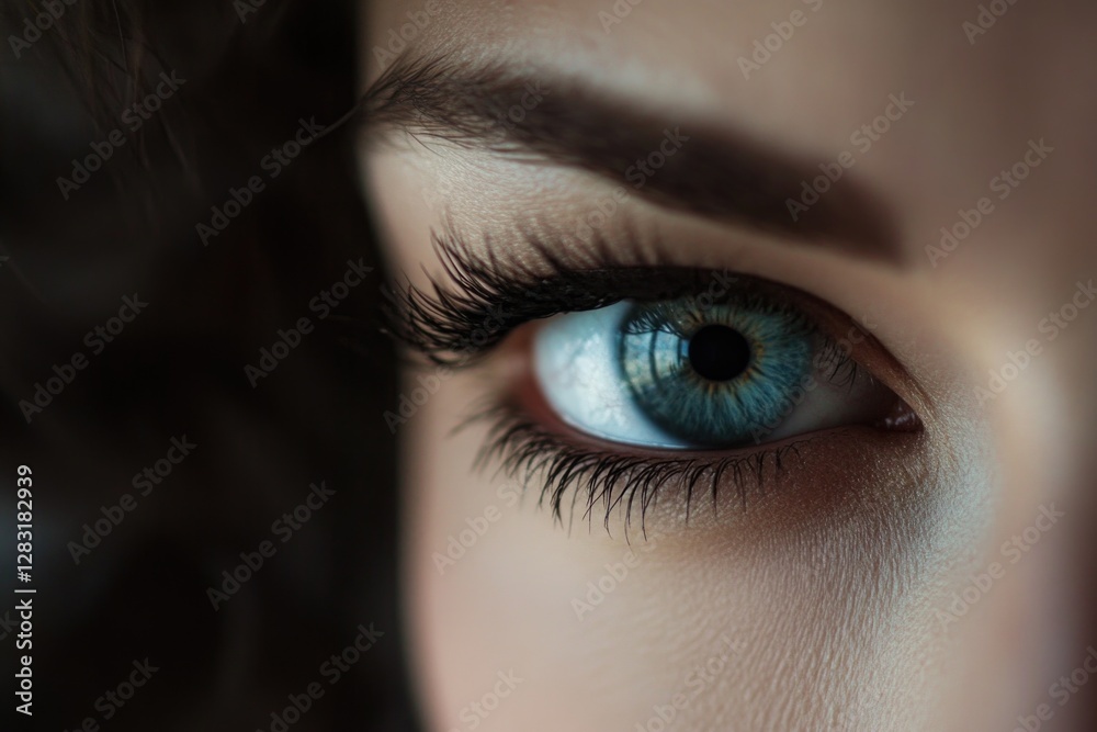 A close-up shot of a woman's blue eye, ideal for use in beauty or fashion advertising A close-up shot of a woman's blue eye, ideal for use in beauty or fashion advertising