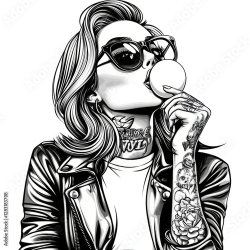 woman blowing a bubble with gum, featuring vintage fashion and a bold expression sketch engraving photo