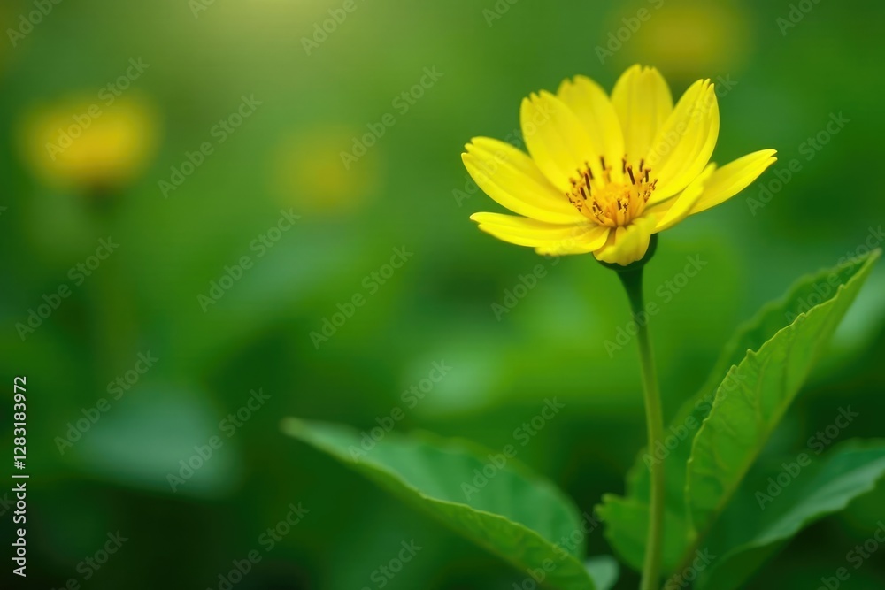 Bright yellow flower blooms on slender stem amidst lush green foliage, spring, botanicals Bright yellow flower blooms on slender stem amidst lush green foliage, spring, botanicals