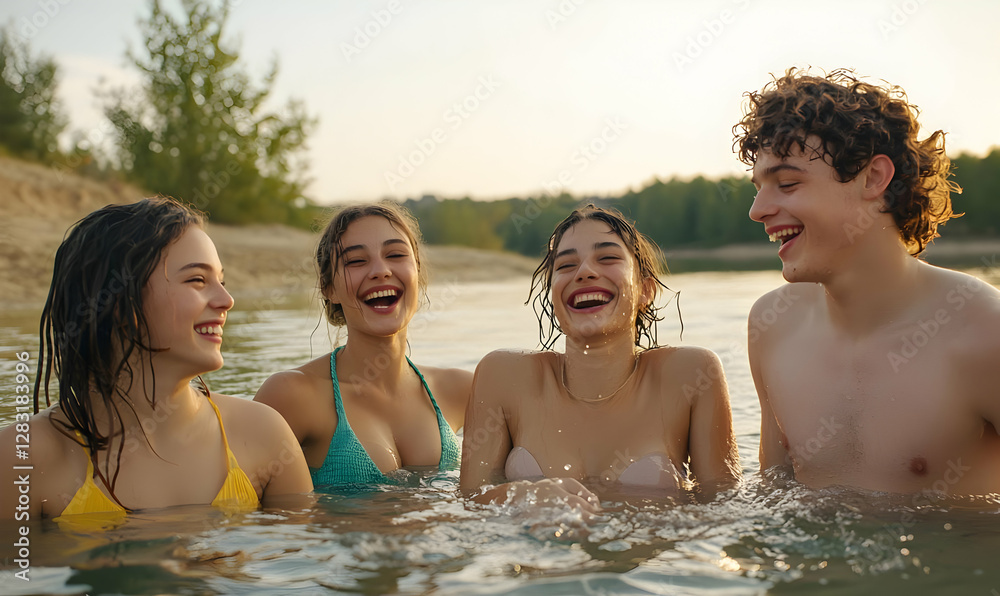 Joyful Friends Laughing Together While Playing in Water at Sunset Joyful Friends Laughing Together While Playing in Water at Sunset