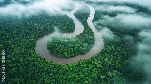 Amazon Rainforest River Landscape: Aerial View of a Meandering River