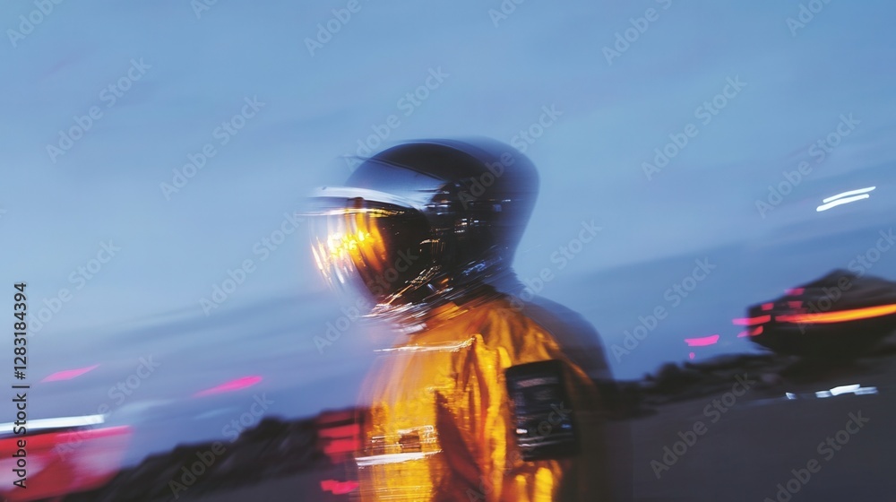 Obraz premium Futuristic astronaut in motion against cosmic landscape.