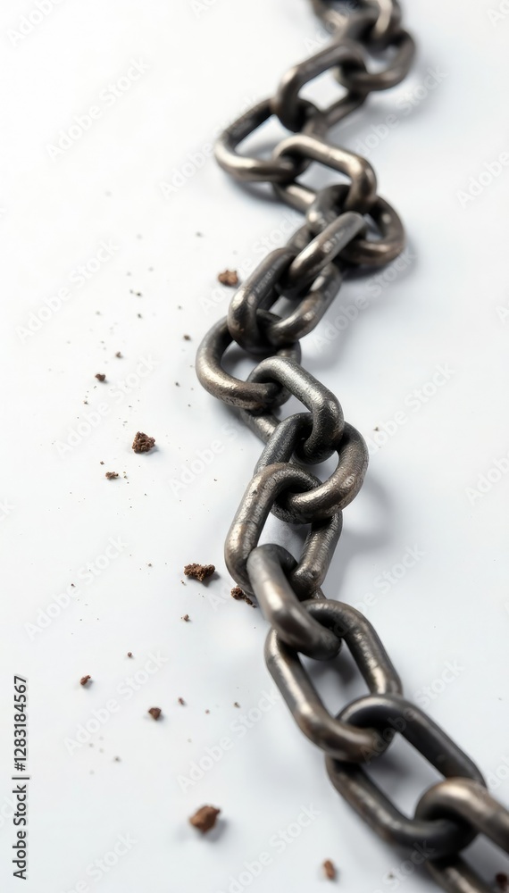 Fototapeta premium Broken metal chain scattered on a white surface, isolated, white background