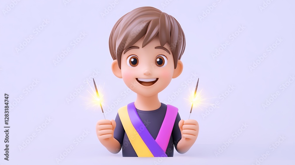 Cheerful 3D Rendered Boy with Sparklers on Purple Background Cheerful 3D Rendered Boy with Sparklers on Purple Background
