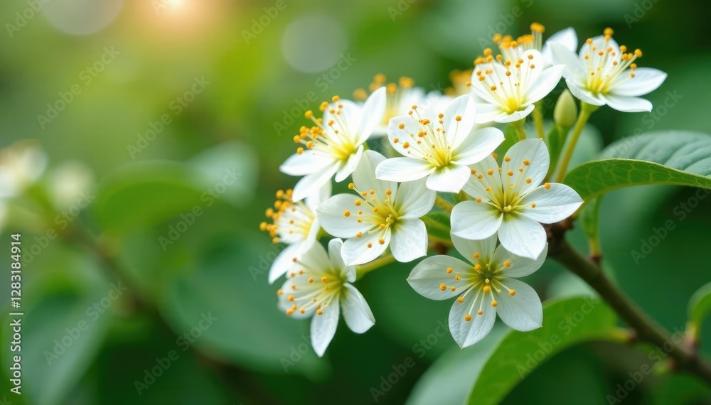 Obraz premium Delicate white flowers with yellow pollen on a bush, flowering shrub, spiraea cinerea, blooming tree