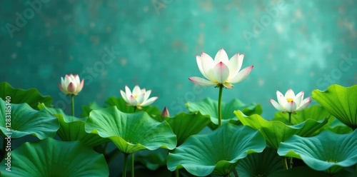 Delicate white lotus flowers emerging from a sea of green foliage on a distressed teal background, botanical, floral, peaceful