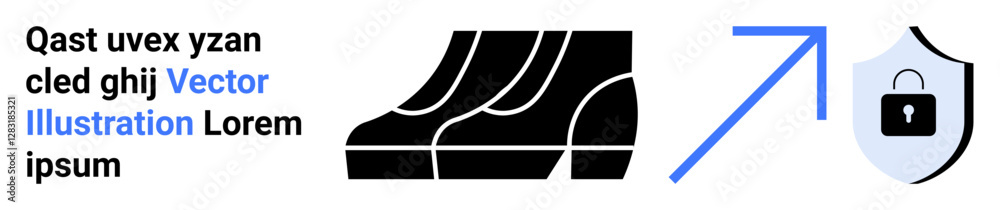 Blue upward arrow next to shield with lock symbol and stylized design elements. Ideal for security, growth, progress, technology, protection, data privacy, innovation. Perfect for flat landing page Blue upward arrow next to shield with lock symbol and stylized design elements. Ideal for security, growth, progress, technology, protection, data privacy, innovation. Perfect for flat landing page