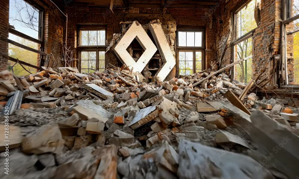 Abandoned interior of a dilapidated building with rubble and sunlight streaming through windows Abandoned interior of a dilapidated building with rubble and sunlight streaming through windows