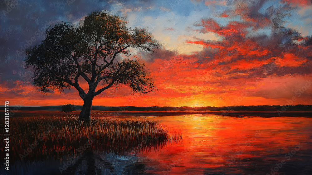 Stunning sunset at Chobe National Park with vibrant colors reflecting over the African landscape Stunning sunset at Chobe National Park with vibrant colors reflecting over the African landscape