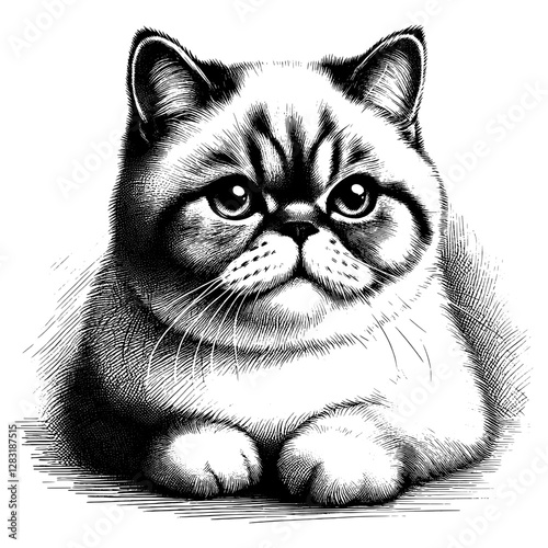 Line art drawing of Exotic Shorthair cat's ink sketch kitten vector hand drawn illustration background